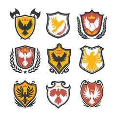 Fototapeta premium Eagle emblem set, Eagle crest logo set. Royal hawk shield badge brand design label template, coat of arms heraldic shield with wings and banner, Heraldic flying falcon bird icons, vector illustration.
