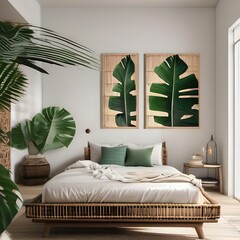 A tropical-themed bedroom with palm leaf prints, bamboo furniture, and rattan decor1