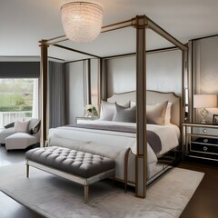A glamorous bedroom with a canopy bed, mirrored furniture, and metallic accents2