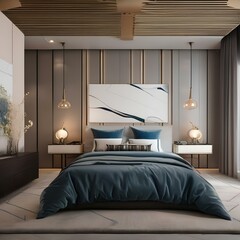 A contemporary bedroom with a statement wall, unique lighting, and abstract artwork3