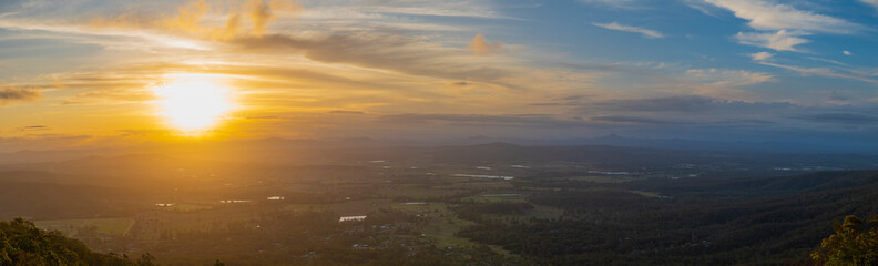 Panoramic sunset views from the Hang Glider Launch and Lookout, Tamborine Mountain in Queensland,...