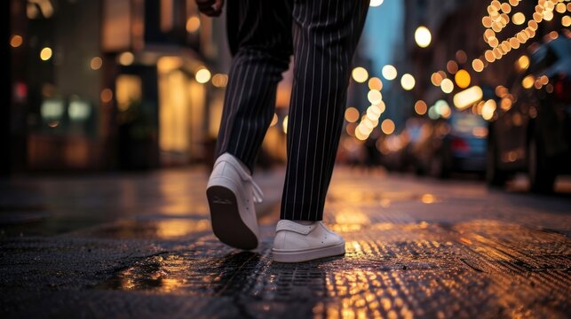 Effortlessly stylish in a sleek pinstripe suit, classic white sneakers, and a minimalist black tshirt.