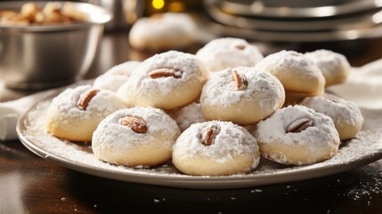 Peanut er cookies, coated in a generous layer of powdered sugar, exude a sense of timeless comfort in this upclose shot. The irresistible aroma of freshly baked nutty goodness wafts from