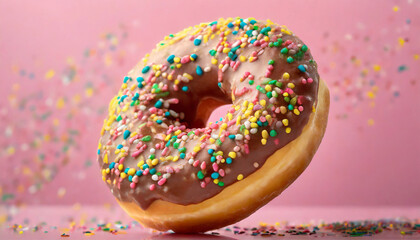 Delicious glazed donut with colorful sprinkles on vivid pink background. - obrazy, fototapety, plakaty