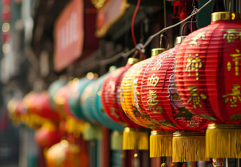 Many colourful chinese lanterns hanging in the street - obrazy, fototapety, plakaty