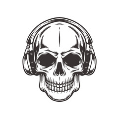 skull wearing headphone in vintage style isolated illustration