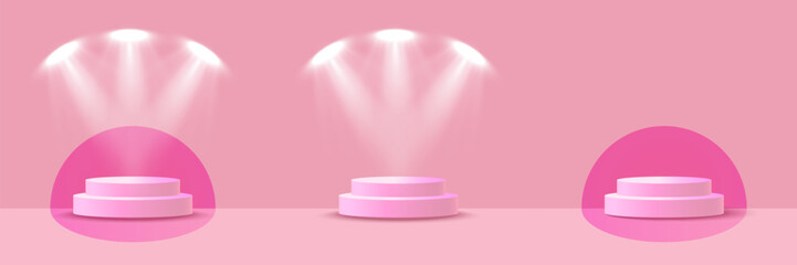 Pink stage podium with lighting, Stage Podium Scene for an Award Ceremony on a pink background, Vector illustration.