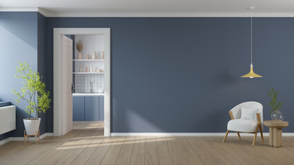 Modern living room interior ,Blue wall mockup with white  armchair and yellow lamp with woood table   .3d rendering