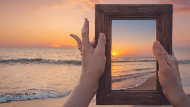 A framed picture on a deck with the sun setting over the ocean