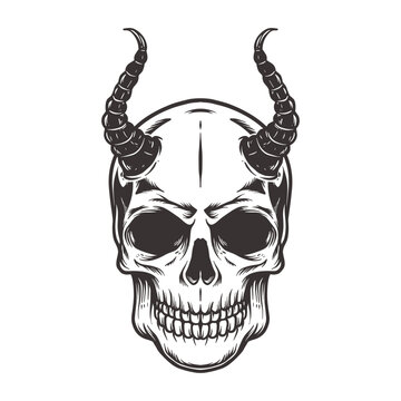 skull with devil horn in vintage style isolated illustration
