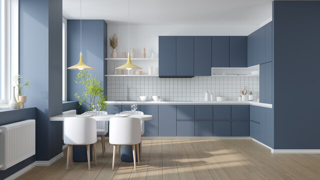 Modern blue and white kitchen interior .3d rendering