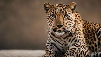 Portrait of leopard lying down and looking at the camera.