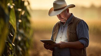 a modern farmer in a sprawling cornfield, utilizing a digital tablet to review harvest and crop performance