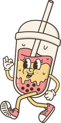 Cute Boba Bubble Milk Tea Running Funky Cartoon Character Retro Groovy Hippie