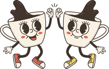 Pair of Hot Coffee Cups High Five Funky Cartoon Character Retro Groovy Illustration