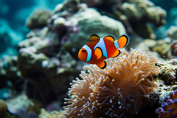 Naklejka na ściany i meble an orange clown fish swimming in a sea anemone. generative ai 