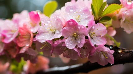 A close-up of rain-soaked cherry blossoms with a rainbow
