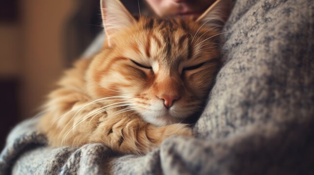 A contented cat nestled in its owner's loving arms