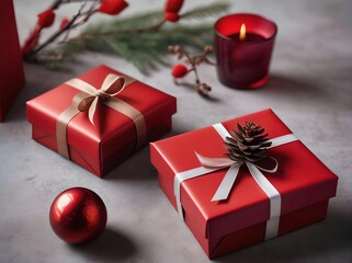Red gift boxes with white ribbon on light background
for Christmas decorations. 