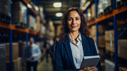 showcasing a confident businesswoman amidst the hustle of a distribution warehouse, clipboard in hand logistics and supply chain management