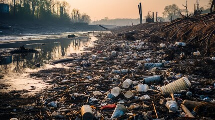 A polluted riverbank with discarded industrial waste