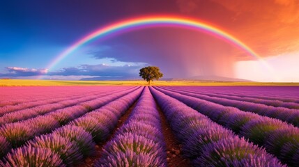 A rainbow forming above a field of lavender