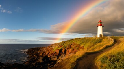 A rainbow forming over a coastal lighthouse