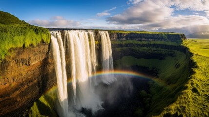 A rainbow stretching over a majestic waterfall