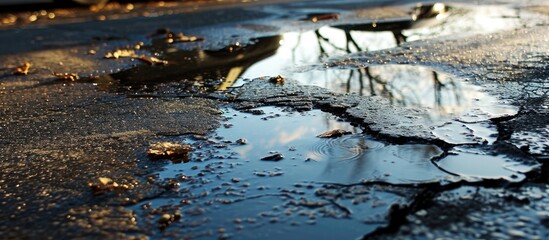 Car engine leak causes oil to spill and leave stains on parking lot pavement.
