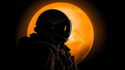 Person in a space suit standing in front of a yellow moon
