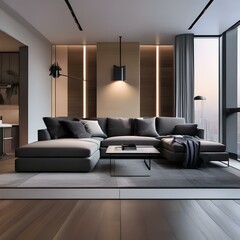 A modern bachelor pad with a minimalist design, sleek furniture, and high-tech gadgets3