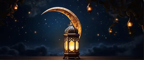 Foto op Plexiglas Realistic Ramadan Glow Mosque Moon and Bokeh islamic ramadan eid mubarak kareem mosque background © Al Amin