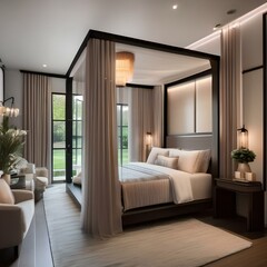 Naklejka na ściany i meble A spa-like bedroom with a canopy bed, sheer curtains, and soft, calming colors2