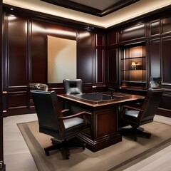 A sleek and sophisticated executive office with a mahogany desk, leather chairs, and modern art1 - obrazy, fototapety, plakaty