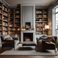 A cozy corner with a fireplace, oversized armchairs, and shelves filled with books3