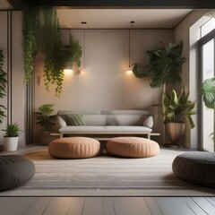 A serene yoga and meditation room with floor cushions, plants, and tranquil decor2
