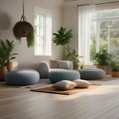 A serene yoga and meditation room with floor cushions, plants, and calming decor2
