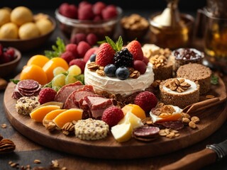 Fototapeta premium Delicious dessert and appetisers Charcuterie board, ideal dish to start the happy dinner, food photo
