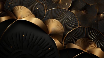 Black and gold wallpaper with intricate gold fan shapes