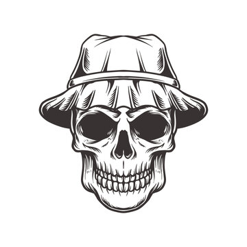 skull wearing bucket hat in vintage style isolated illustration