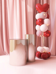 Two shiny gold podium table with red and pink balloons and curtain in background for luxury beauty, cosmetic, skincare, body care, fashion product display. Love, romantic, valentine’s day.