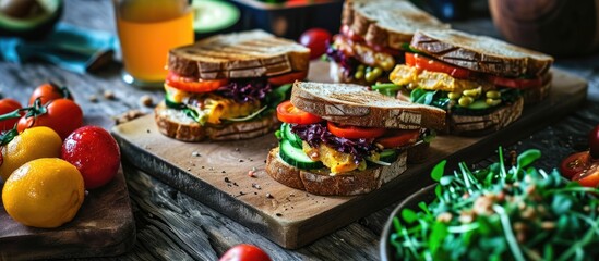 Nutritious vegetarian meal or snack for a sandwich, with fruits and veggies to go. - obrazy, fototapety, plakaty