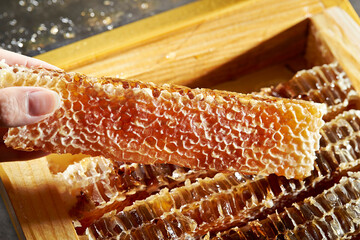 Honey in honeycomb, organic food ingredients