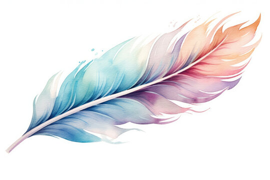 Blue watercolor abstract plume feather illustration colorful bird drawing white design art nature