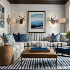 A coastal-themed living room with nautical decor, striped accents, and ocean-inspired colors1