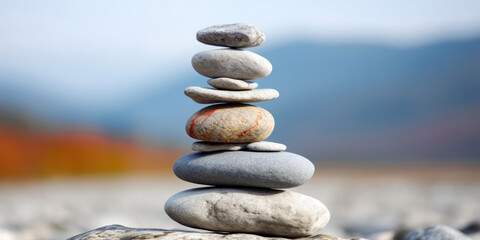 Stack of balanced stones in a tranquil nature setting, symbolizing peace and harmony. - obrazy, fototapety, plakaty