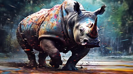 Colorful Artistic Representation Of a Charging Rhino With Splattered Paint Effect
