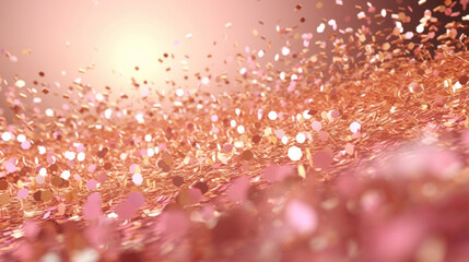Shimmering rose gold confetti falling on a soft pink background, festive and celebratory mood.