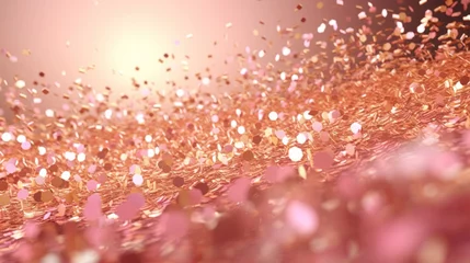 Schilderijen op glas Shimmering rose gold confetti falling on a soft pink background, festive and celebratory mood. © tashechka