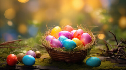 Fototapeta na wymiar Colorful Easter eggs in a wicker basket against a blurred golden bokeh background.